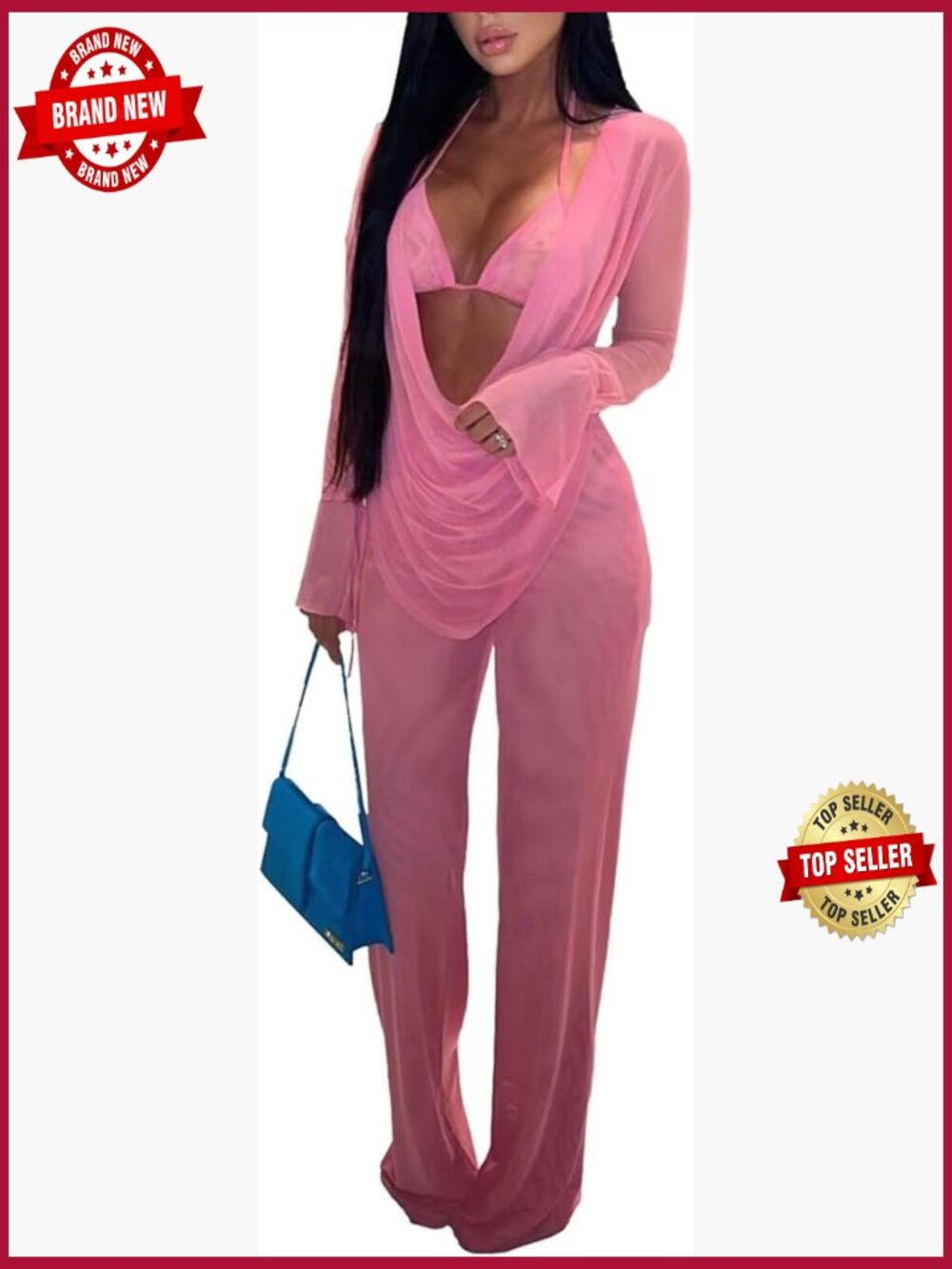 Sheer Mesh 3 Piece Long Sleeve Top & Pants Bikini Cover Up Sets
